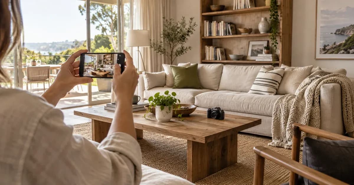 A person using a phone to photograph a living room with a linen sofa and timber furniture.
