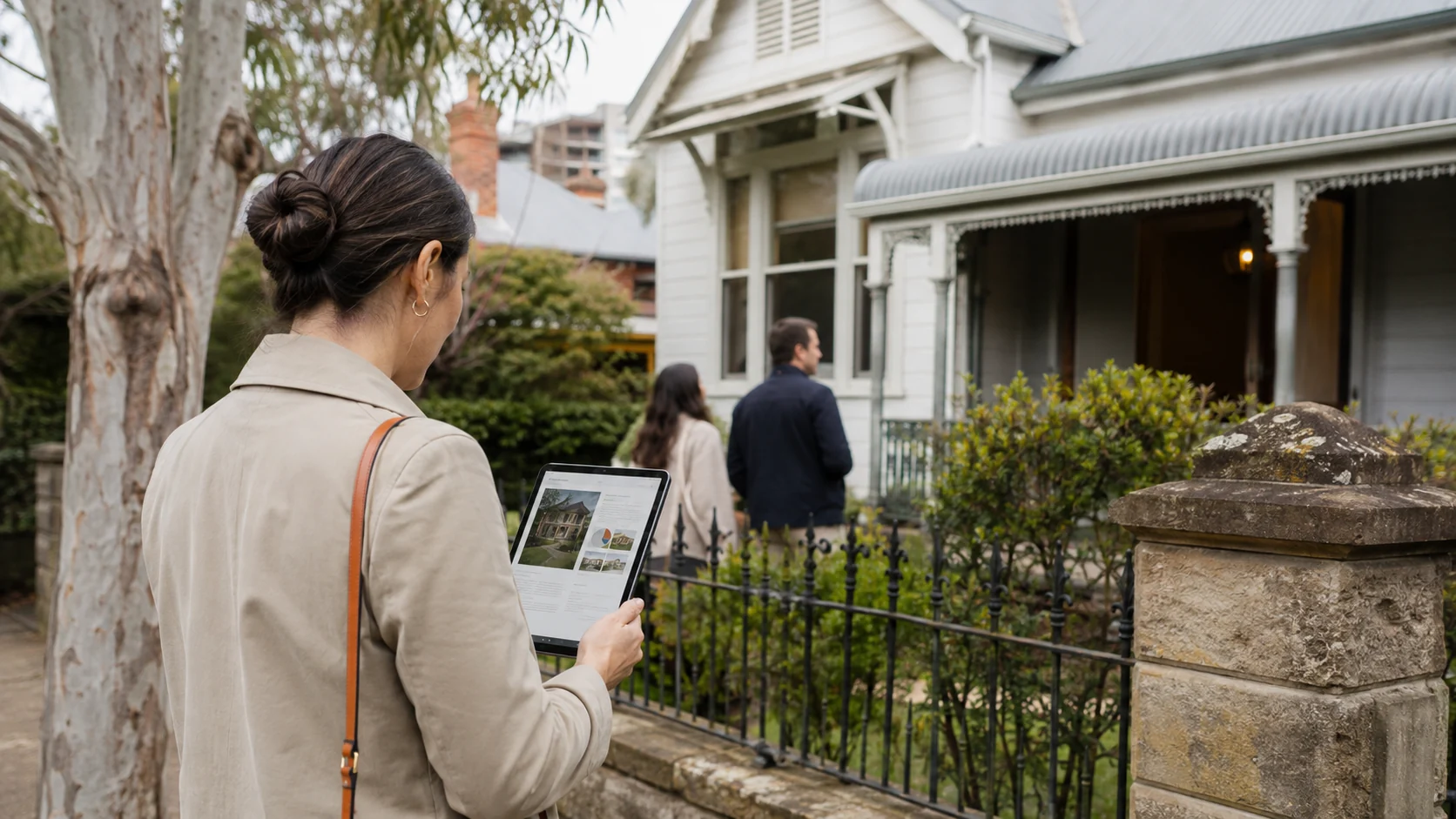 A buyer reviews property information on a tablet outside an established Australian home
