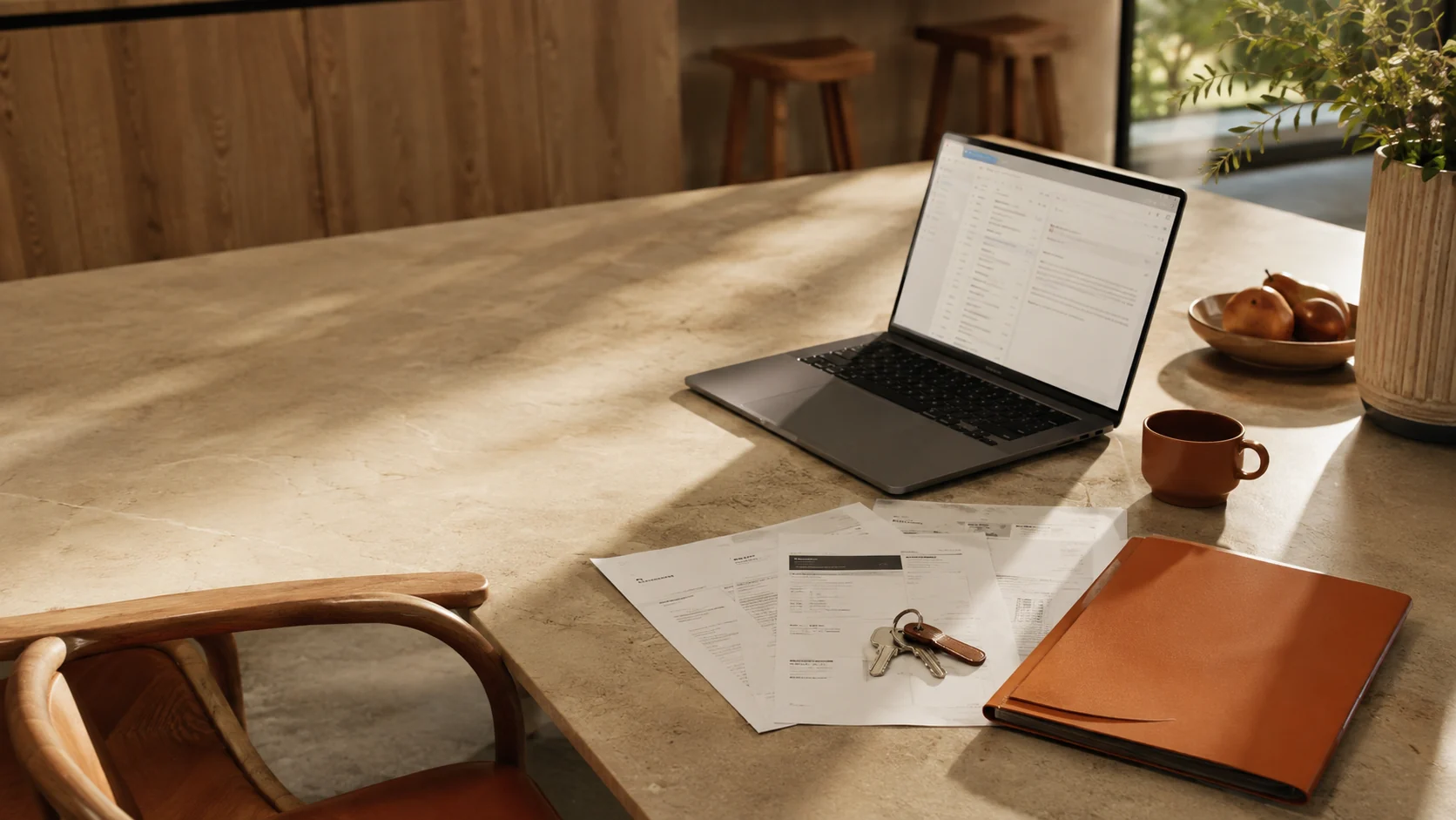 Home documents, keys and a laptop with an inbox arranged on a sunlit kitchen table