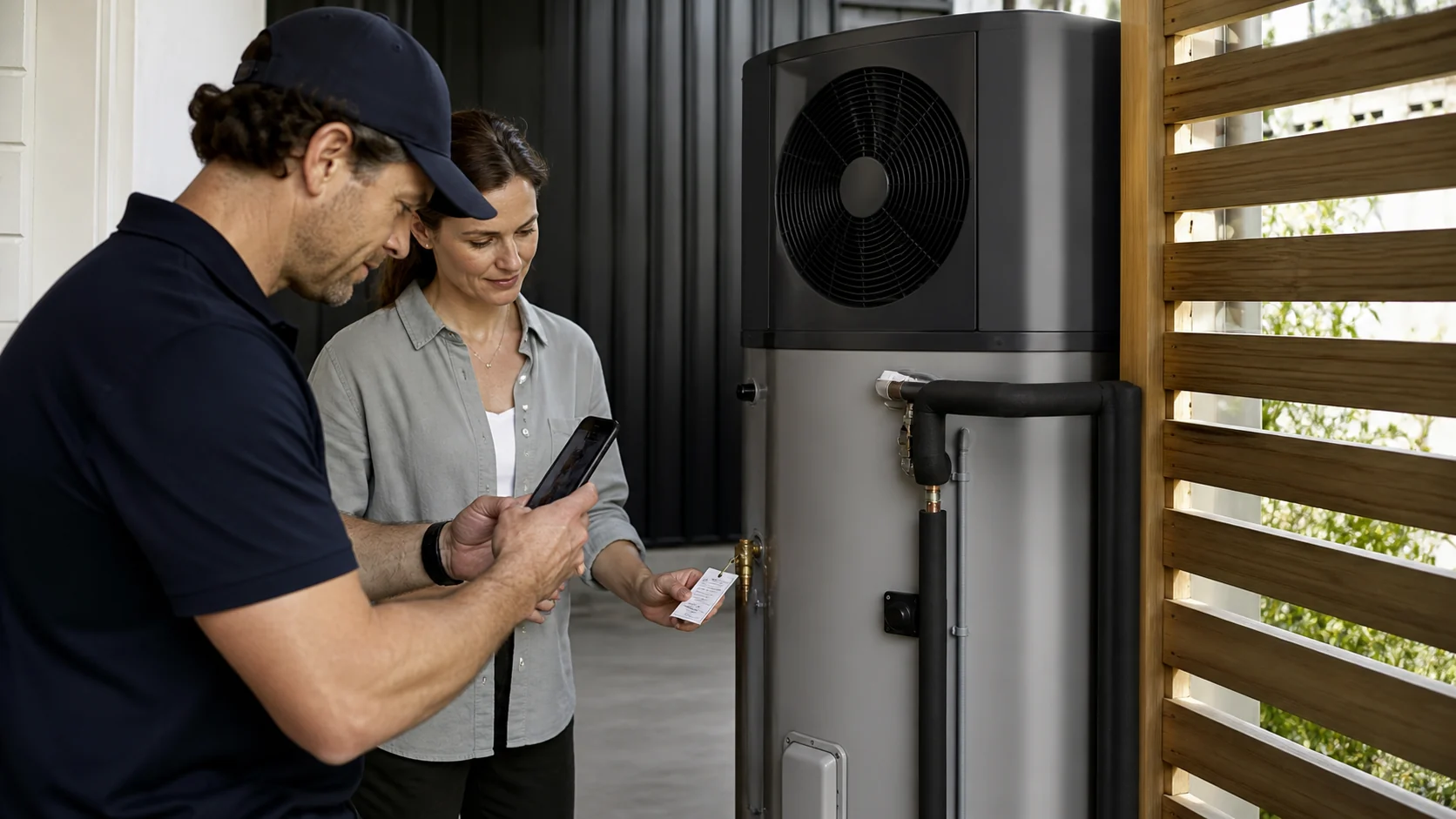 A service technician and homeowner record maintenance completed on a home hot-water system