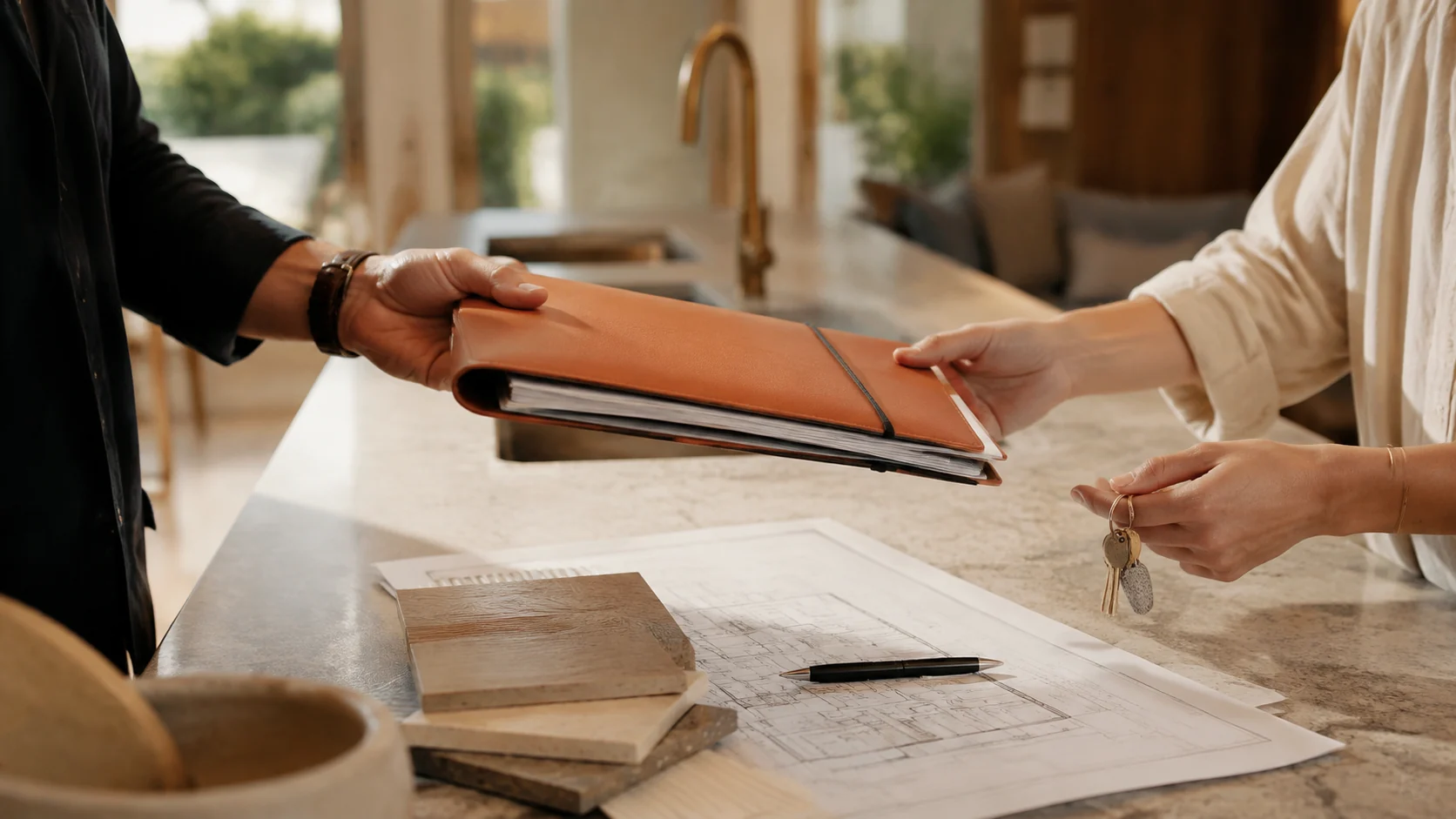 A well-organised home record and keys being passed across a kitchen bench